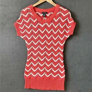 Deb Chevron Pointelle Knit Sweater Women's Large Short Sleeve Coral White